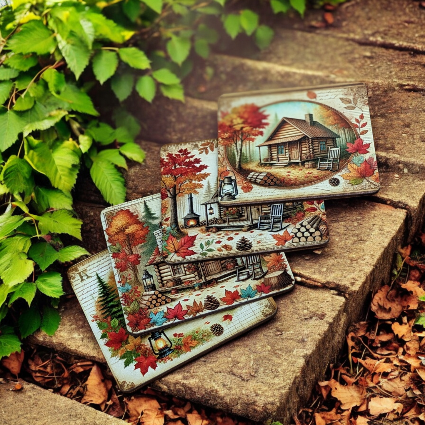 Set of 4 Wood Coasters featuring Cabins in the Woods