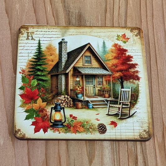 Set of 4  Wood Coasters featuring Cabins in the Woods