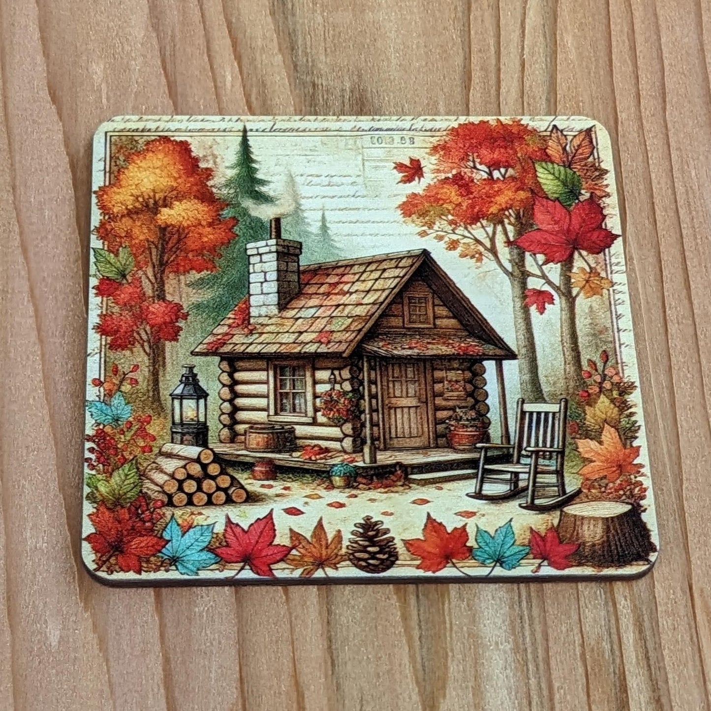 Set of 4 Wood Coasters featuring Cabins in the Woods