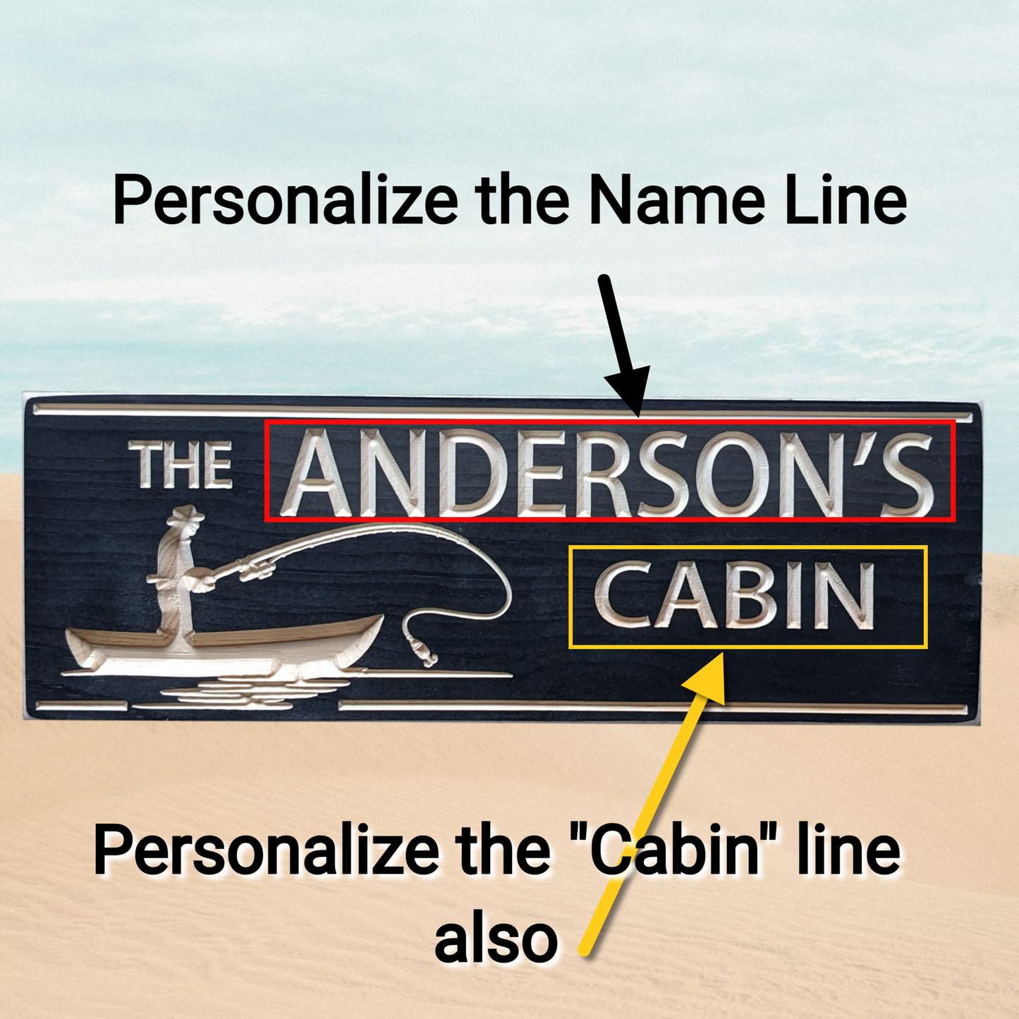 Personalized Cabin sign with a fisherman