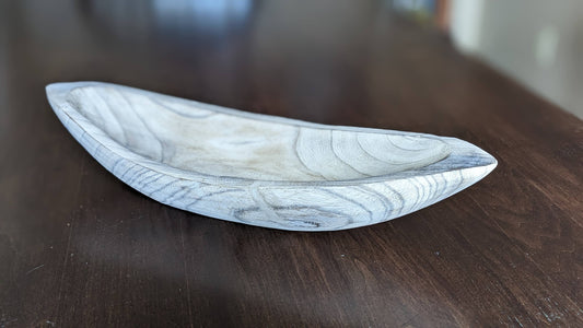 Whitewashed Wood Bowl, canoe shape (accessories not included)