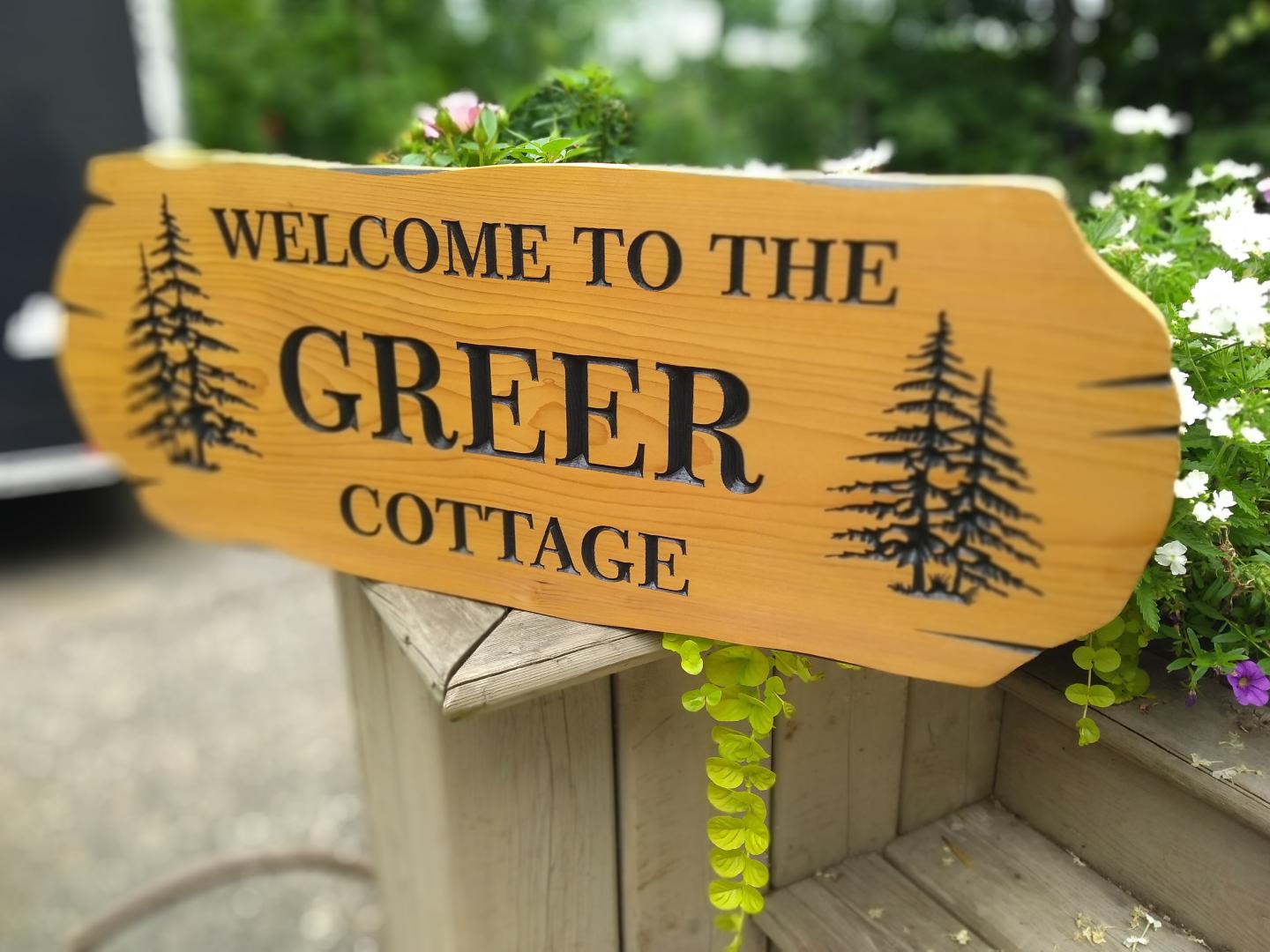 Cedar Road Sign, 2 trees and 3 lines of Text - Maison Muskoka