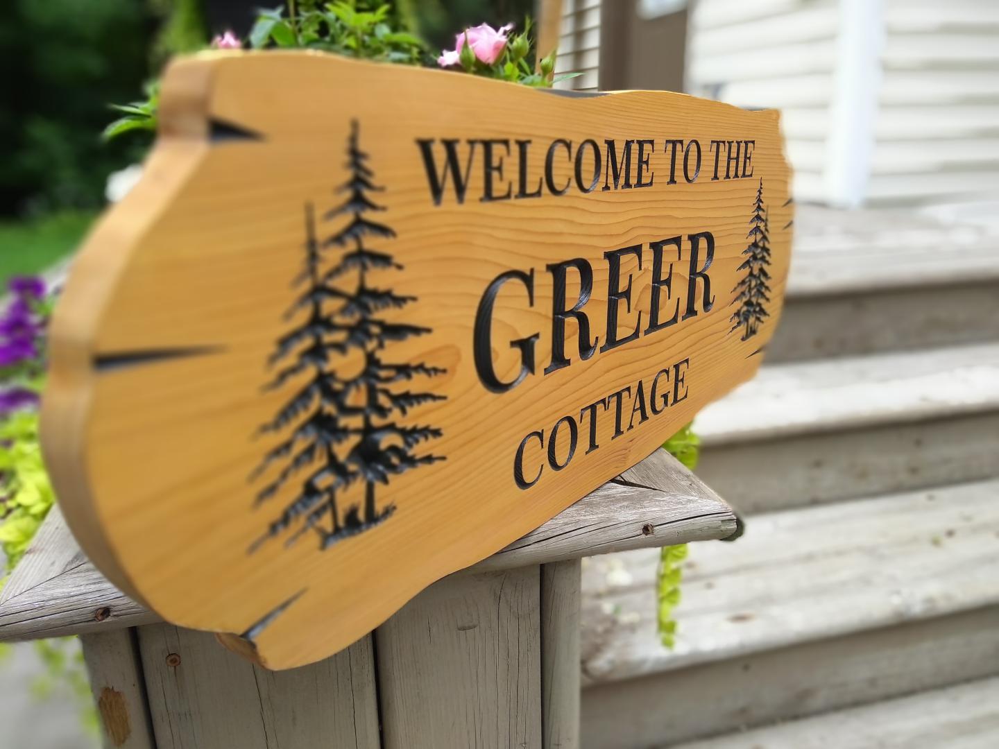 Cedar Road Sign, 2 trees and 3 lines of Text - Maison Muskoka