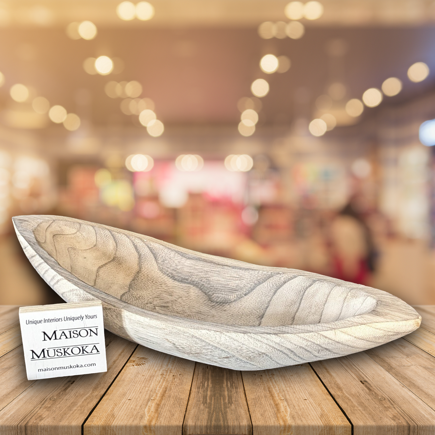 Whitewashed Wood Bowl, canoe shape (accessories not included)