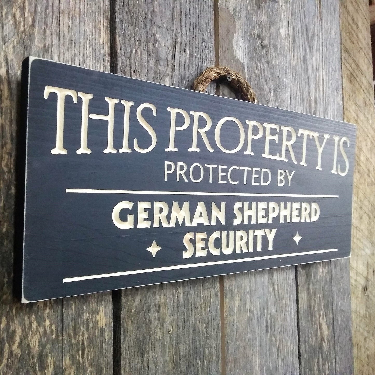 This property is protected by German shepherd, wood dog sign, personalize with your own dog breed