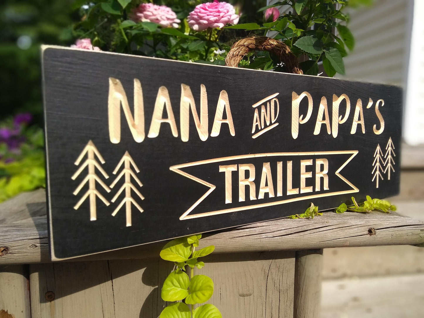 Outdoor Nana and Papa's Trailer sign, carved wood sign, personalized gift, camping décor, grandparents gifts