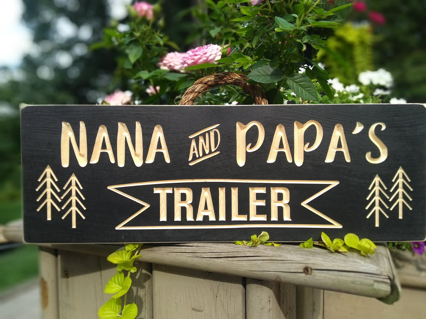 Outdoor Nana and Papa's Trailer sign, carved wood sign, personalized gift, camping décor, grandparents gifts