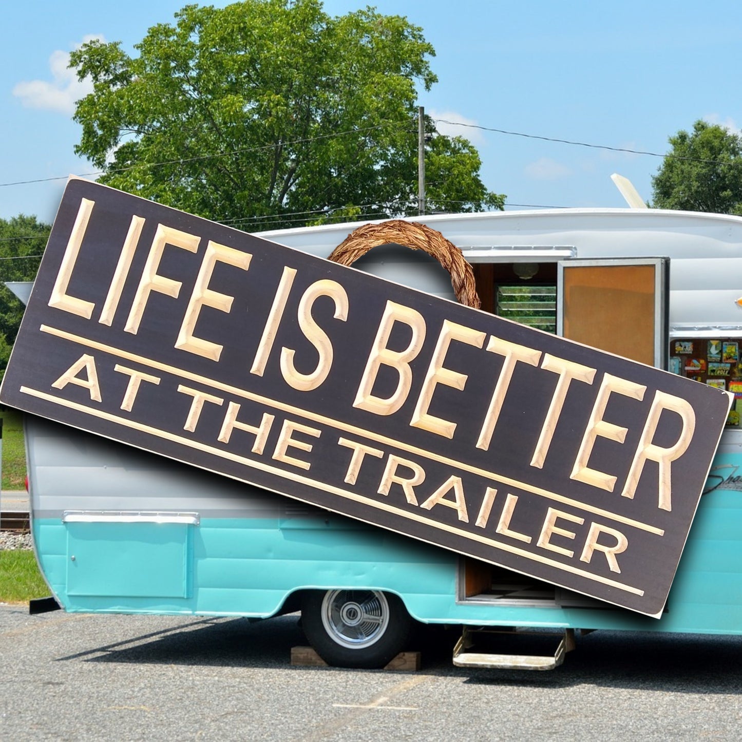 Trailer sign, wood camper sign, carved black sign