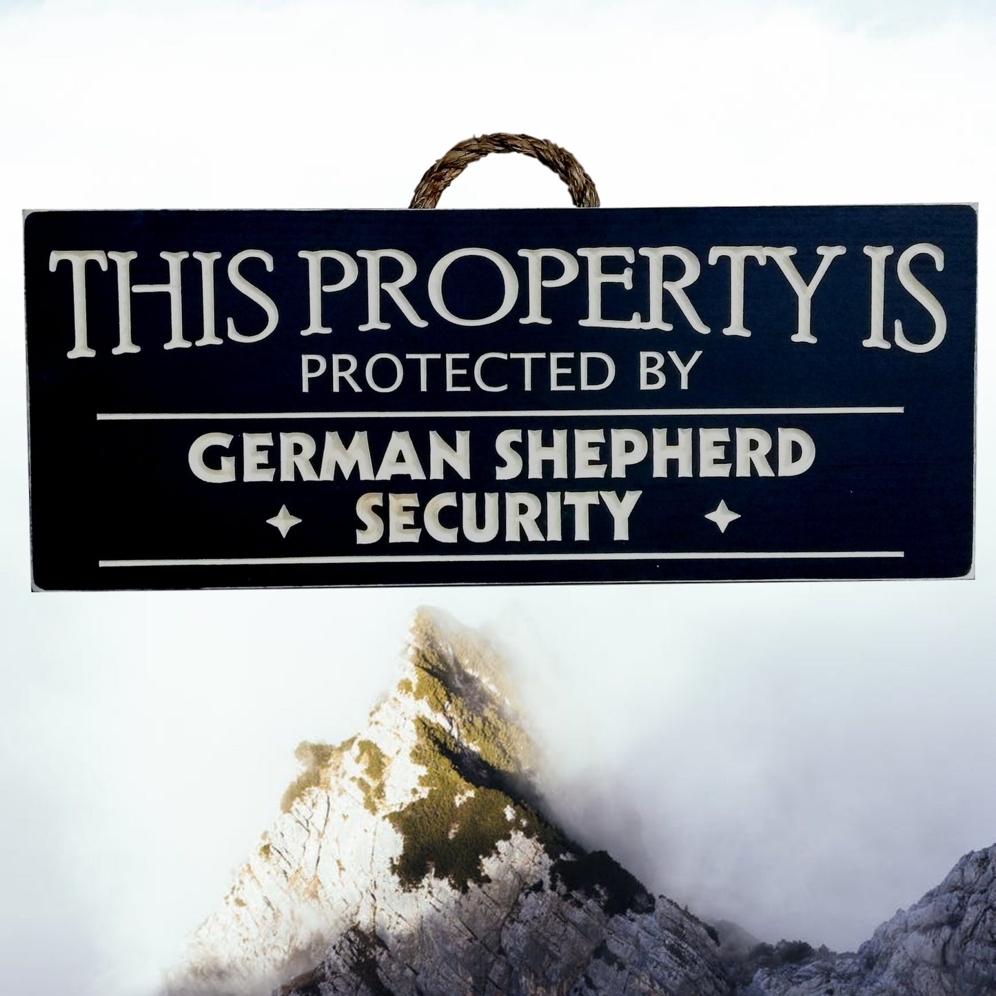 This property is protected by German shepherd, wood dog sign, personalize with your own dog breed