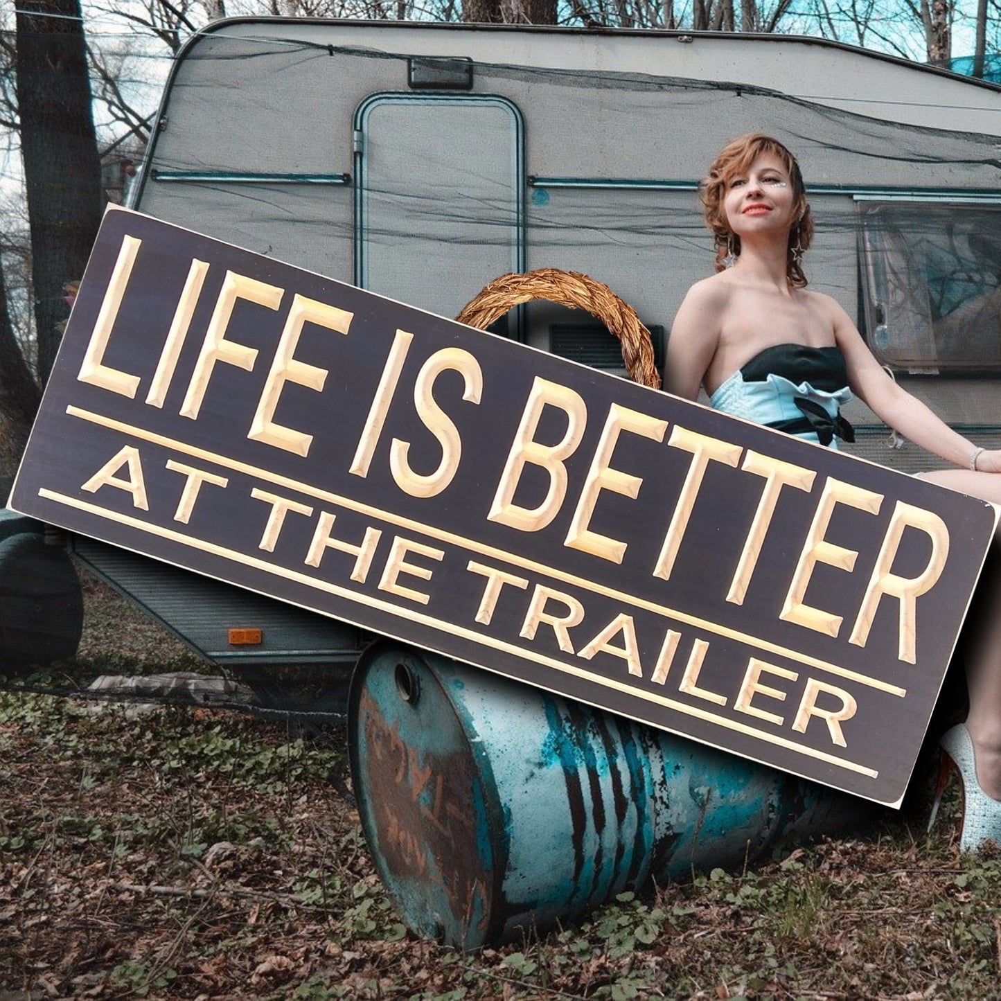 Trailer sign, wood camper sign, carved black sign