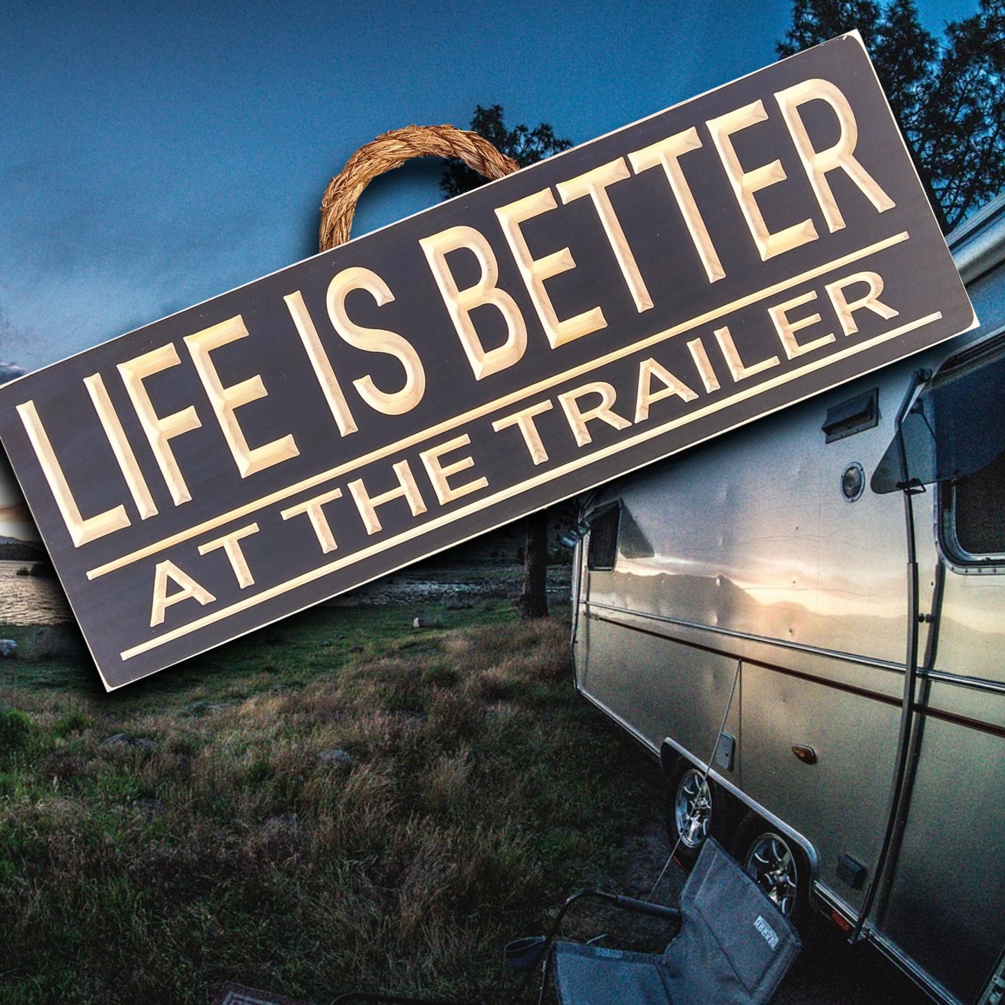 Trailer sign, wood camper sign, carved black sign