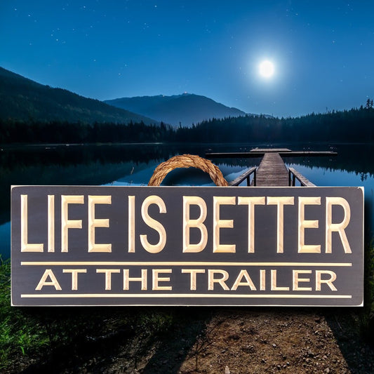 Trailer sign, wood camper sign, carved black sign