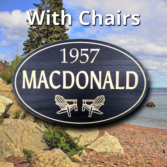 Outdoor family name sign, custom wooden cottage sign, chairs, camp sign, Personalized Carved lake house sign