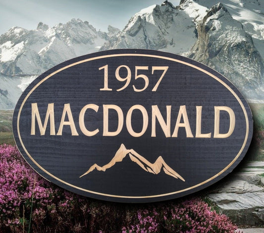 Personalized wood home sign with mountains,cottage or camp.Custom oval outdoor carved wooden name plaque
