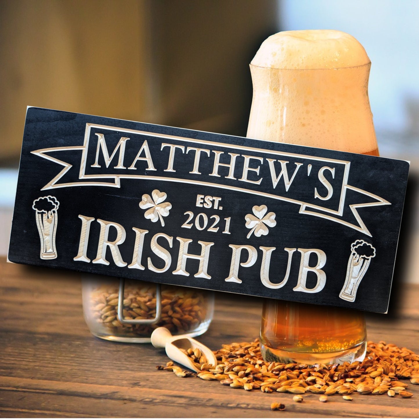 Irish pub Sign, personalized bar wall décor with clover, father's day gift, custom wooden sign