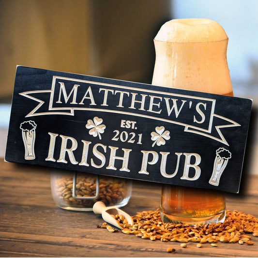 Irish pub Sign, personalized bar wall décor with clover, father's day gift, custom wooden sign
