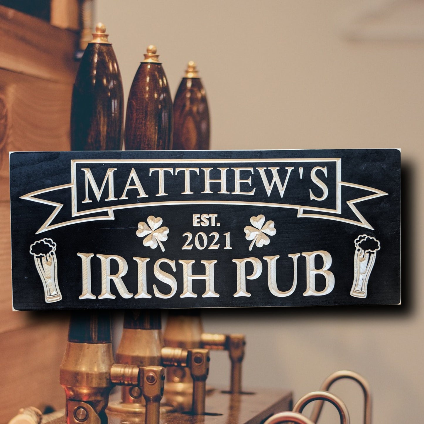 Irish pub Sign, personalized bar wall décor with clover, father's day gift, custom wooden sign