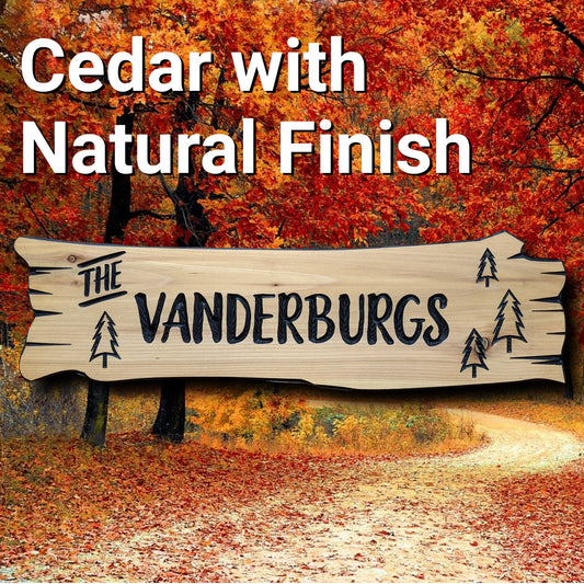 Family name sign, personalized gift, wood cottage plaque with carved trees, cedar wooden custom cabin sign