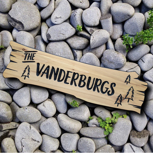 Family name sign, personalized gift, wood cottage plaque with carved trees, cedar wooden custom cabin sign