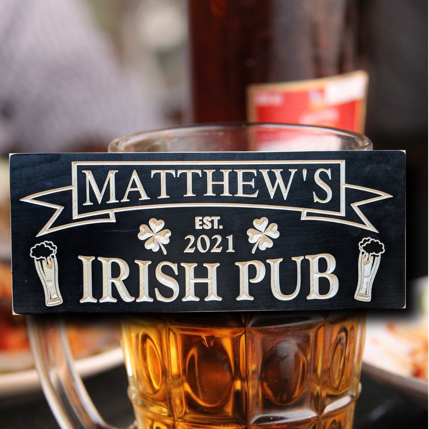 Irish pub Sign, personalized bar wall décor with clover, father's day gift, custom wooden sign