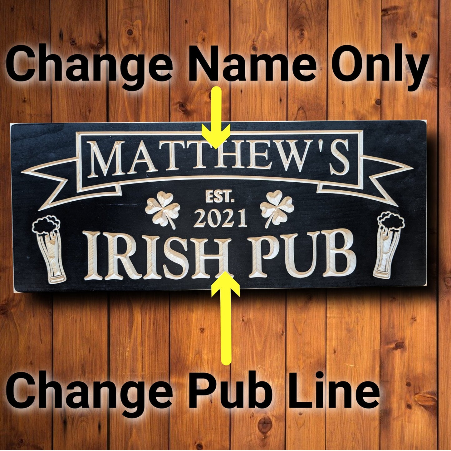 Irish pub Sign, personalized bar wall décor with clover, father's day gift, custom wooden sign