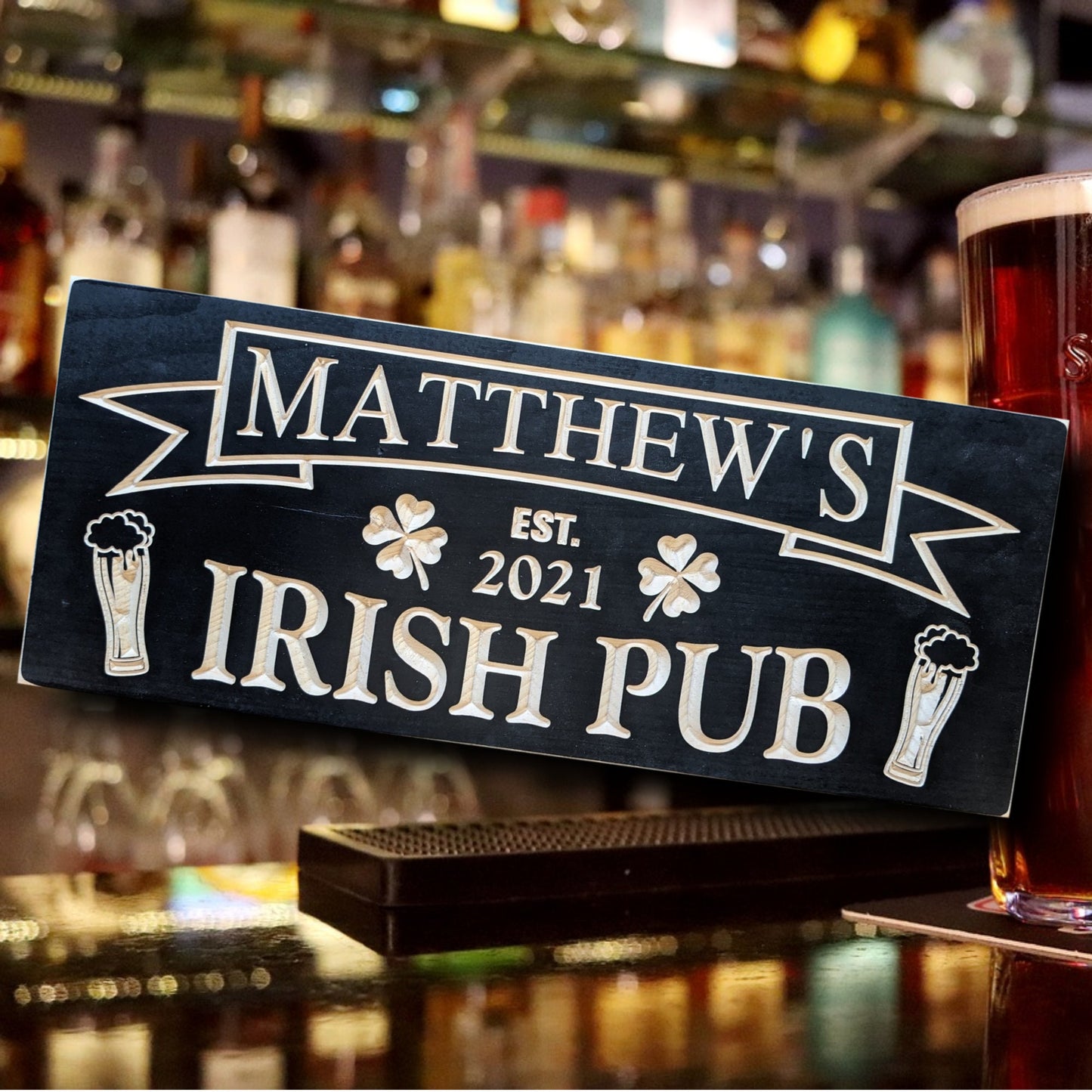 Irish pub Sign, personalized bar wall décor with clover, father's day gift, custom wooden sign
