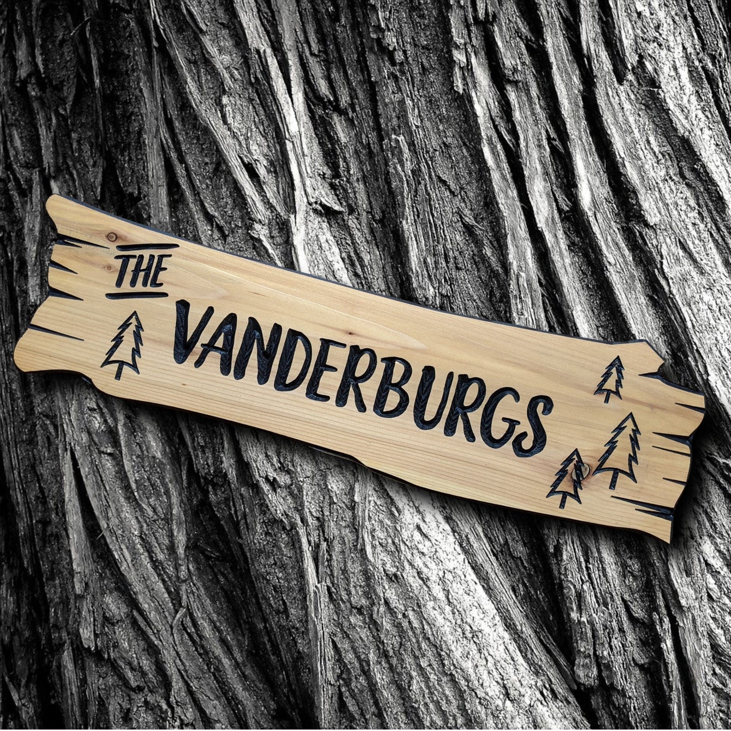 Family name sign, personalized gift, wood cottage plaque with carved trees, cedar wooden custom cabin sign
