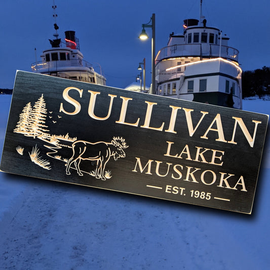 Outdoor Cottage Sign, Mother's day gift, wood custom sign carved trees, lake and moose