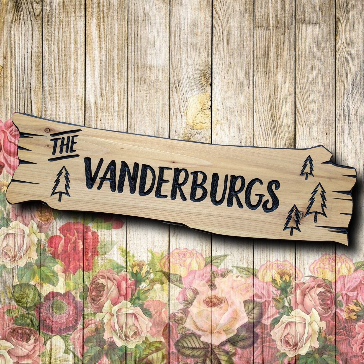 Family name sign, personalized gift, wood cottage plaque with carved trees, cedar wooden custom cabin sign