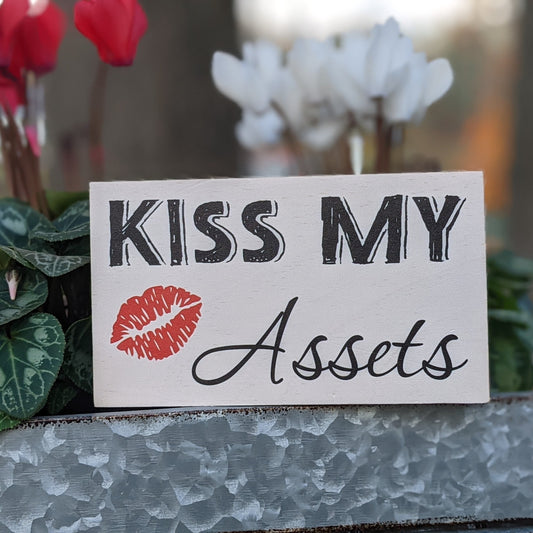 Bathroom décor, mini wood sign, Kiss my assets, funny quote block, shelf sitter