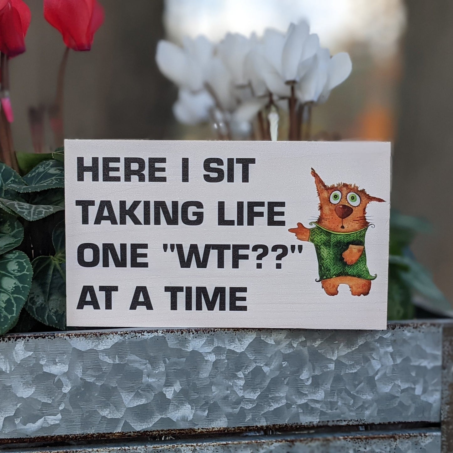 Funny mini small wood desk sign, tiered tray sign, shelf sitter, Here I sit taking one life at a time