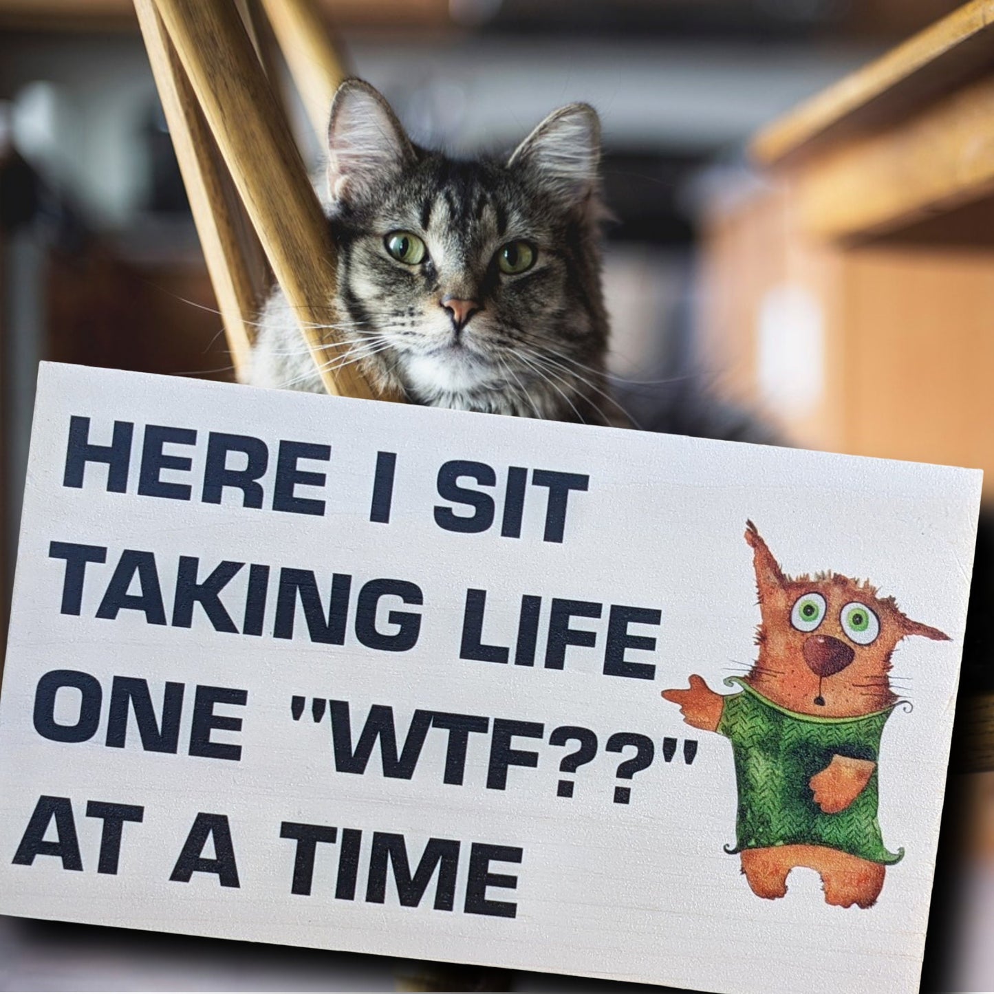 Funny mini small wood desk sign, tiered tray sign, shelf sitter, Here I sit taking one life at a time