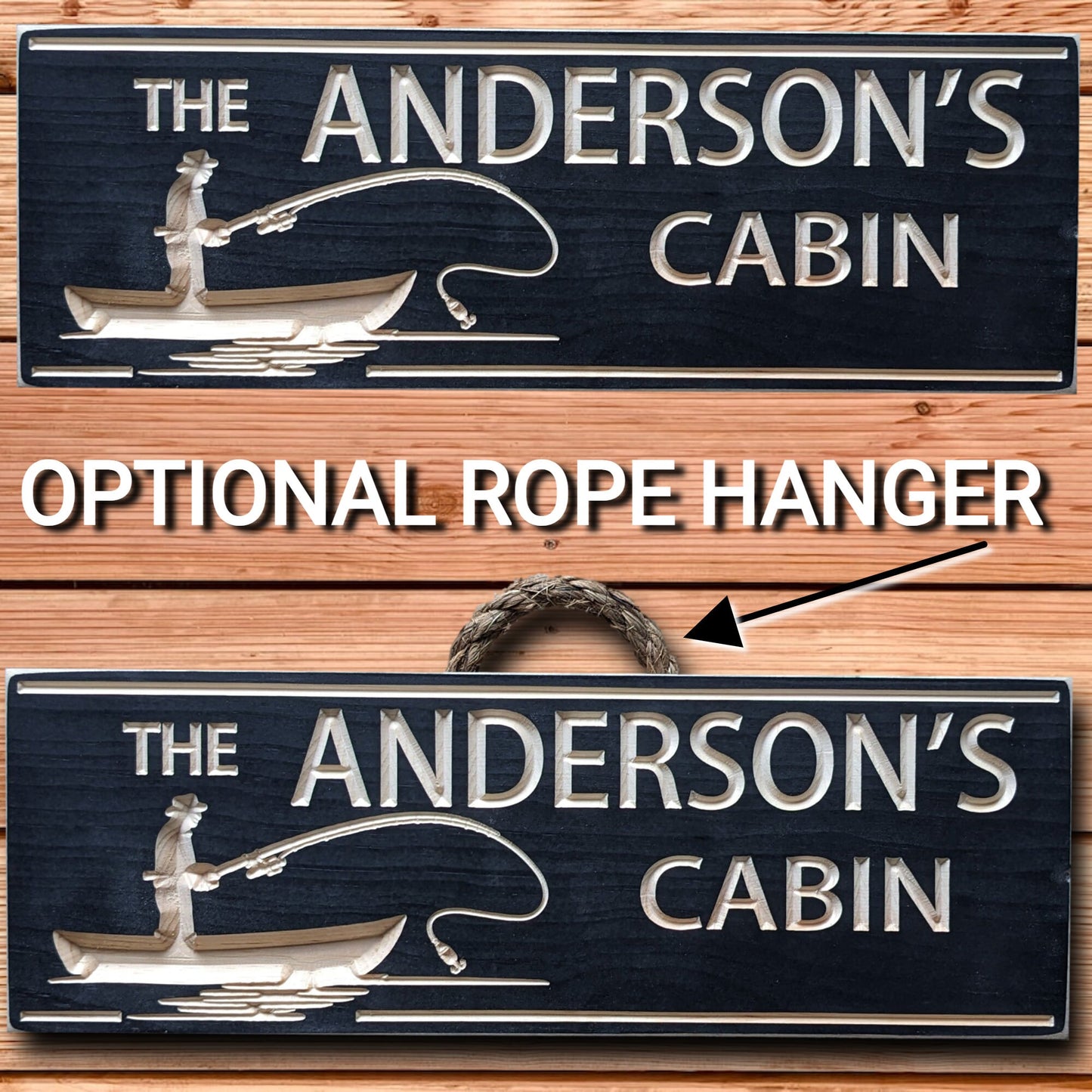 Cabin sign with a fisherman