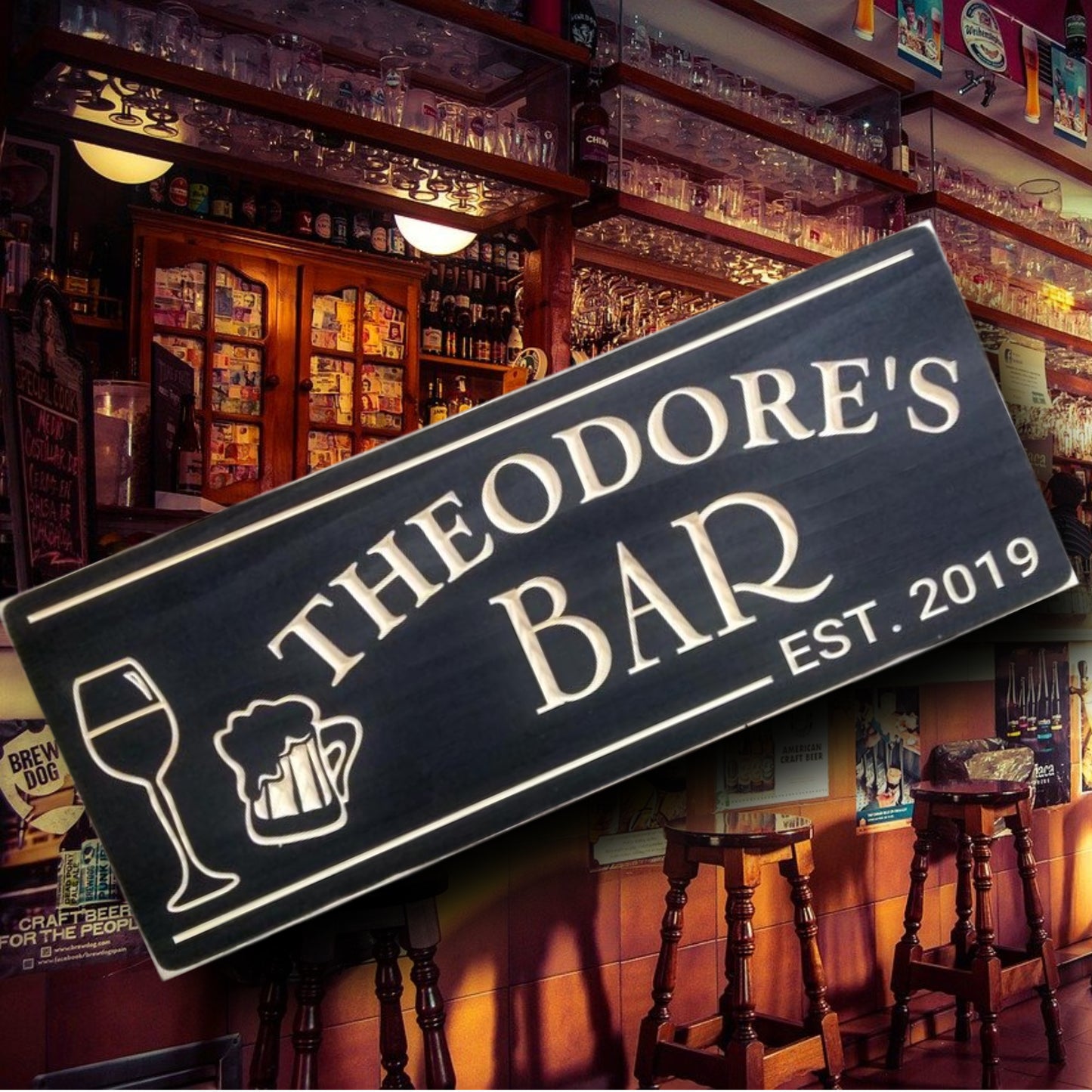 Bar Sign with Wine Glass and Beer Mug