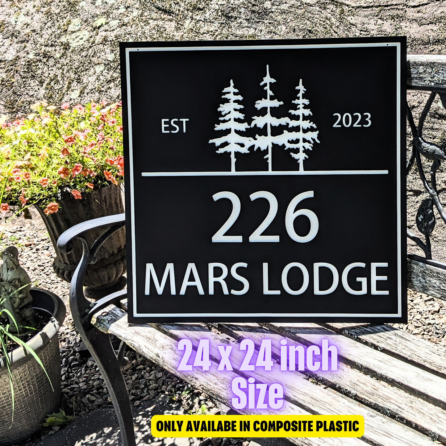 Large Personalized Cottage Sign with Trees – Custom Outdoor Composite Sign | Weatherproof Muskoka Cabin & Lakehouse Decor