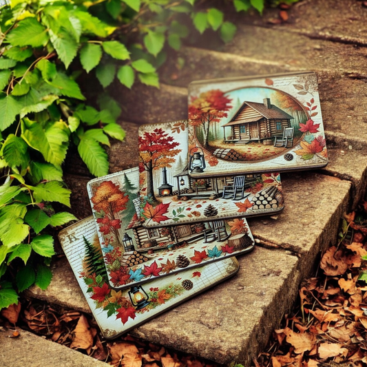 Set of 4  Wood Coasters featuring Cabins in the Woods