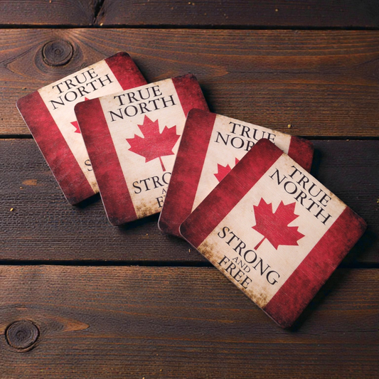 True North Strong & Free Canadian Coasters – Set of 4 wood coasters with cork back