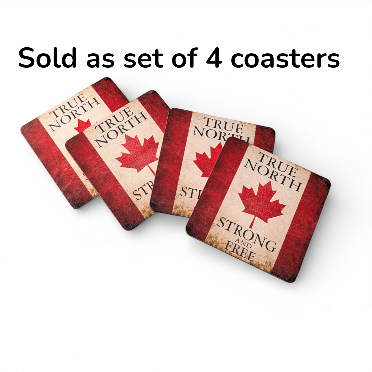 True North Strong & Free Canadian Coasters – Set of 4 wood coasters with cork back