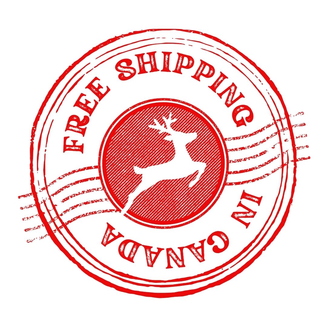Red 'Free Shipping in Canada' stamp with a reindeer graphic on a white background