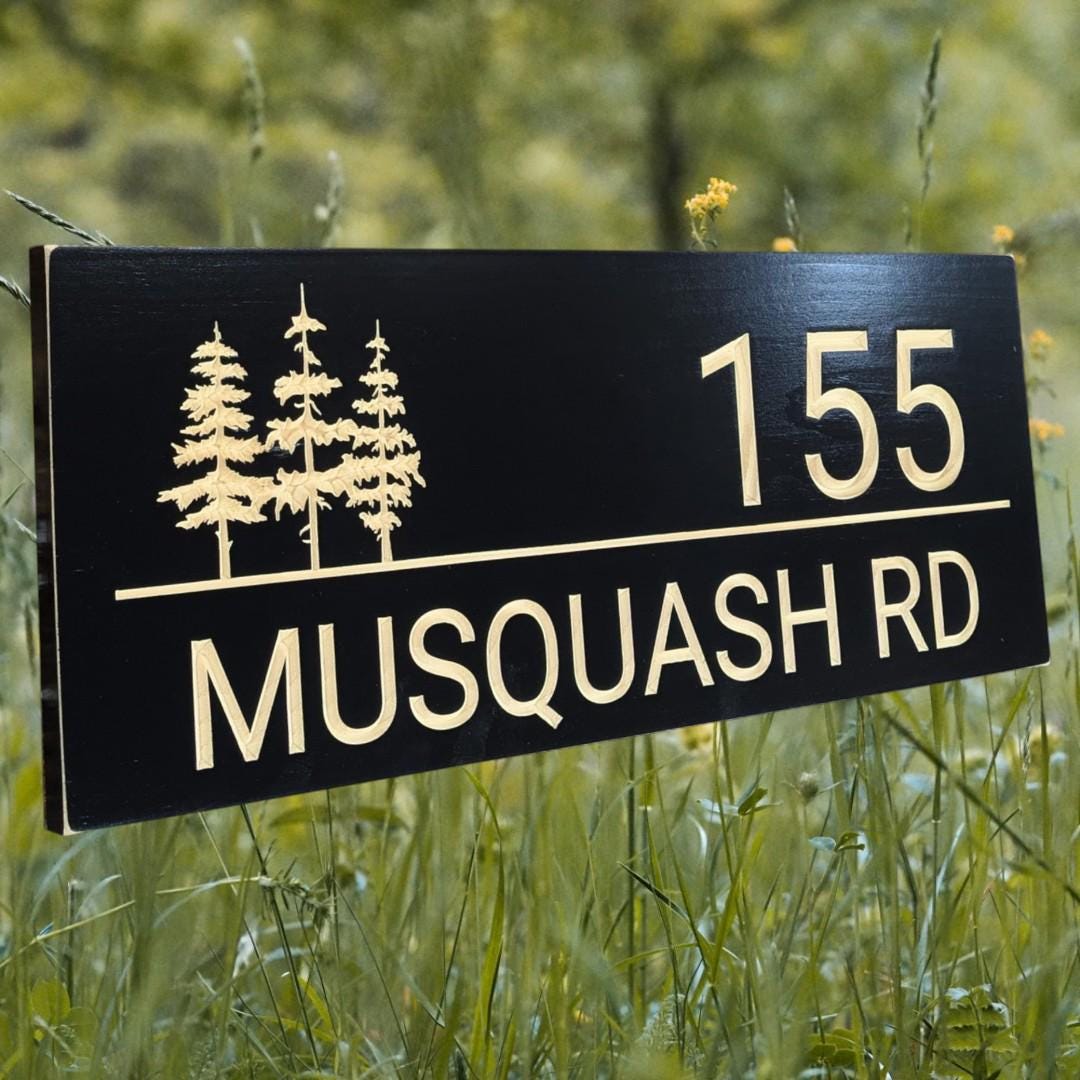 House number,Home address wood sign,carved wooden cottage sign with pine trees, Christmas gift,modern driveway name sign