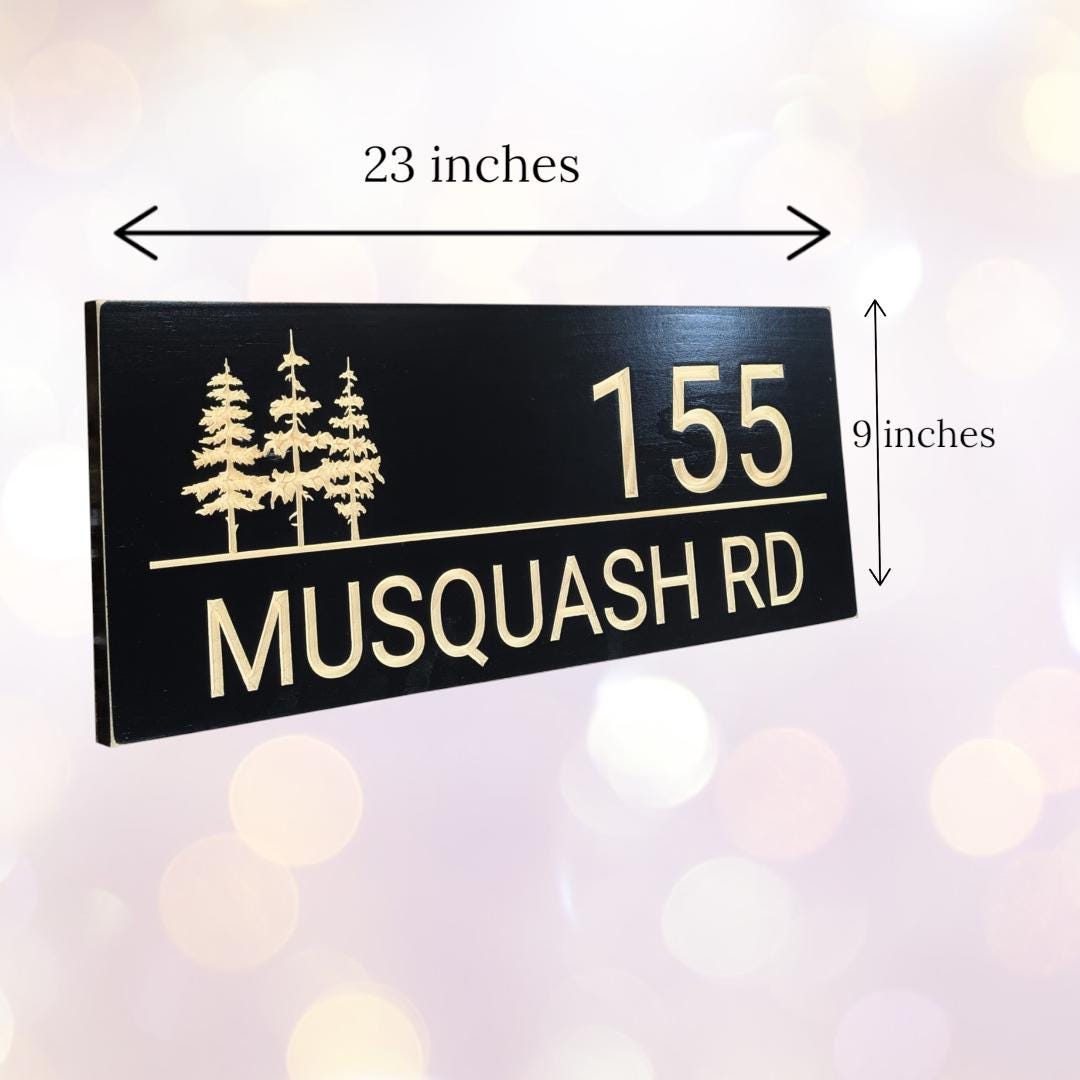 House number,Home address wood sign,carved wooden cottage sign with pine trees, Christmas gift,modern driveway name sign