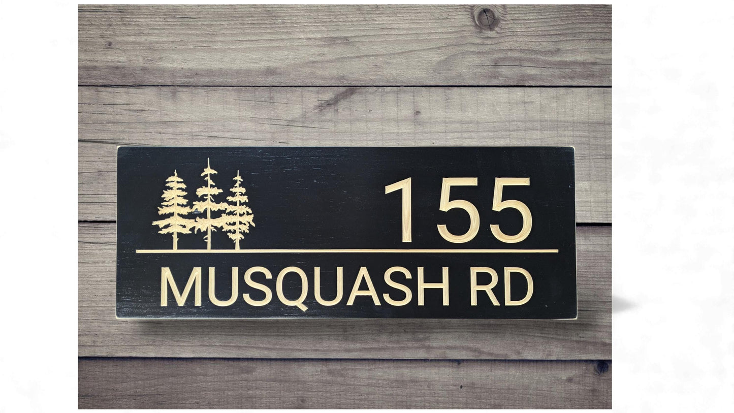 House number,Home address wood sign,carved wooden cottage sign with pine trees, Christmas gift,modern driveway name sign