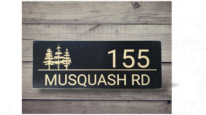 House number,Home address wood sign,carved wooden cottage sign with pine trees, Christmas gift,modern driveway name sign