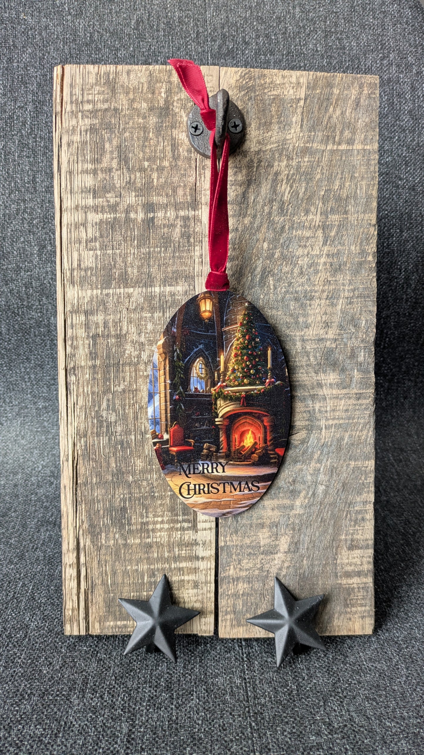 Vintage Christmas Fireplace Ornament – Wooden Oval Ornament with Tree & Warm Winter Scene