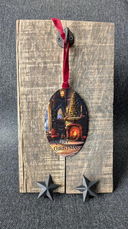 Vintage Christmas Fireplace Ornament – Wooden Oval Ornament with Tree & Warm Winter Scene