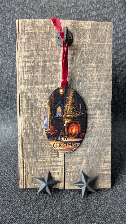 Vintage Christmas Fireplace Ornament – Wooden Oval Ornament with Tree & Warm Winter Scene