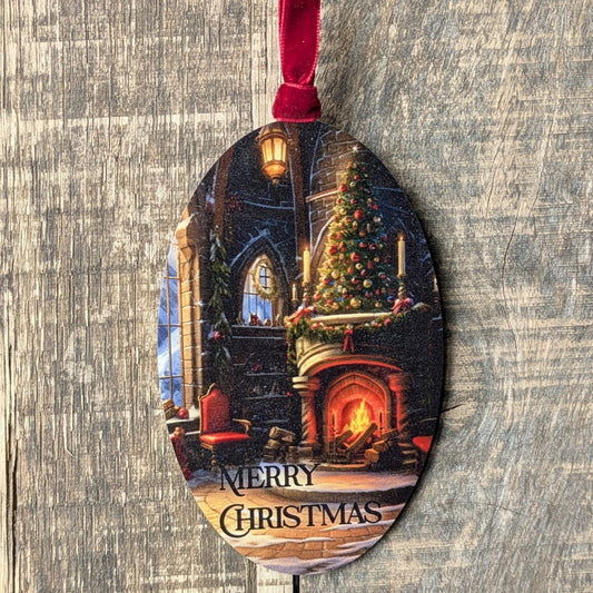 Vintage Christmas Fireplace Ornament – Wooden Oval Ornament with Tree & Warm Winter Scene