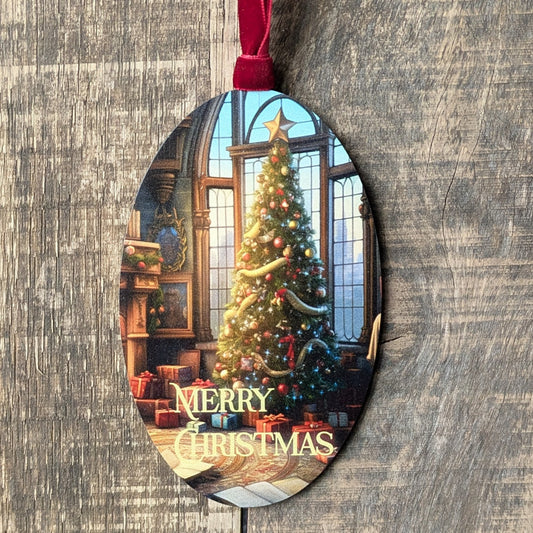 Wooden Christmas ornament featuring a vintage-style Christmas tree with gifts and a “Merry Christmas” message, hanging by a red velvet ribbon.