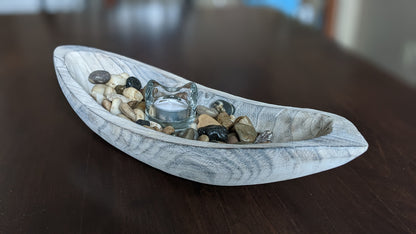 Whitewashed Wood Bowl, canoe shape (accessories not included)