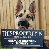 This property is protected by German shepherd, wood dog sign, personalize with your own dog breed
